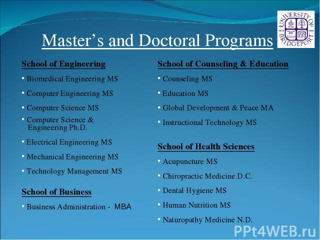 Master’s and Doctoral Programs School of Business Business Administration - MBA School of Counseling & Education Counseling MS Education MS Global Development & Peace MA Instructional Technology MS School of Engineering Biomedical Engineering MS Com…