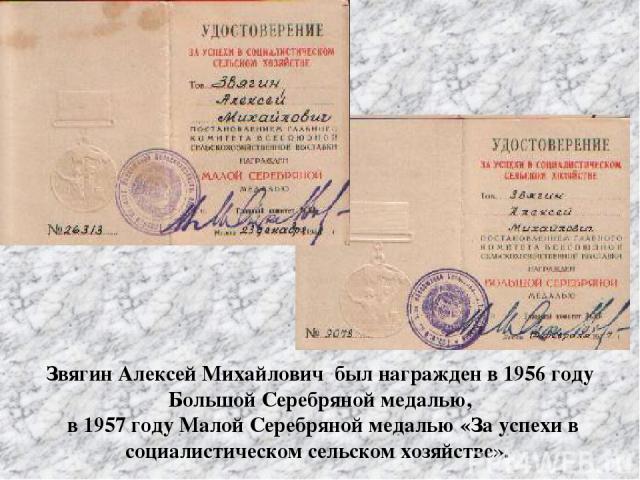 Звягин Алексей Михайлович был награжден в 1956 году Большой Серебряной медалью, в 1957 году Малой Серебряной медалью «За успехи в социалистическом сельском хозяйстве».