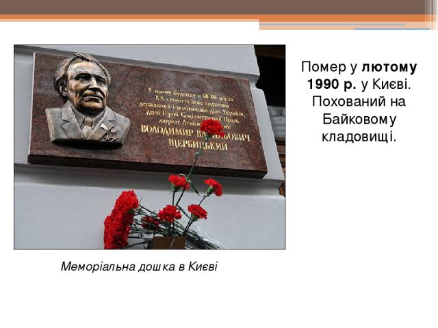 Помер у лютому 1990 р. у Києві. Похований на Байковому кладовищі. Меморіальна дошка в Києві