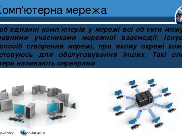 Комп'ютерна мережа Розділ 1 § 7 При об’єднанні комп’ютерів у мережі всі об’єкти можуть бути рівноправними учасниками мережної взаємодії. Існує також інший спосіб створення мережі, при якому окремі комп'ютери використовуюсь для обслуговування інших. …
