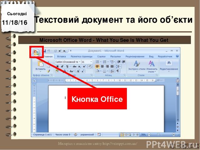 Сьогодні http://vsimppt.com.ua/ http://vsimppt.com.ua/ Microsoft Office Word - What You See Is What You Get Кнопка Office Текстовий документ та його об’єкти