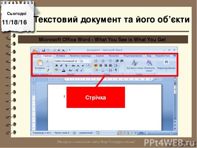 Сьогодні http://vsimppt.com.ua/ http://vsimppt.com.ua/ Microsoft Office Word - What You See Is What You Get Стрічка Текстовий документ та його об’єкти