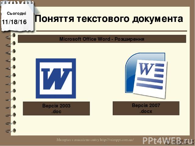 Сьогодні http://vsimppt.com.ua/ http://vsimppt.com.ua/ Поняття текстового документа Microsoft Office Word - Розширення Версія 2003 .doc Версія 2007 .docx