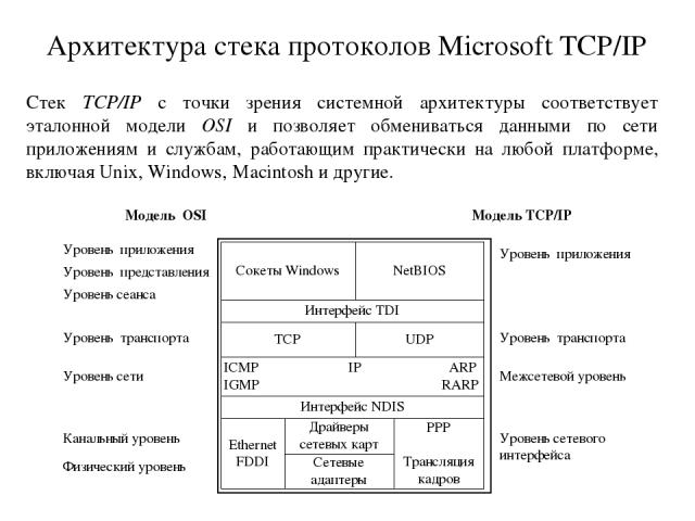Архитектура стека протоколов Microsoft TCP/IP Стек TCP/IP с точки зрения системной архитектуры соответствует эталонной модели OSI и позволяет обмениваться данными по сети приложениям и службам, работающим практически на любой платформе, включая Unix…