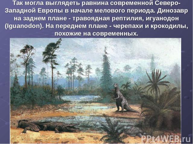 Так могла выглядеть равнина современной Северо-Западной Европы в начале мелового периода. Динозавр на заднем плане - травоядная рептилия, игуанодон (Iguanodon). На переднем плане - черепахи и крокодилы, похожие на современных.