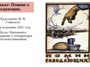 Плакат: Помни о голодающих. Художник: И. В. Симаков Год издания: 1921 год. Цель: