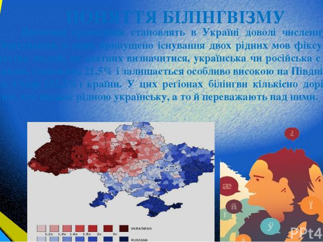 ПОНЯТТЯ БІЛІНГВІЗМУ Двомовні громадяни становлять в Україні доволі численну групу. Опитування, в яких припущено існування двох рідних мов фіксують, що частка людей, не здатних визначитися, українська чи російська є для них такою, становить 21,5% і з…