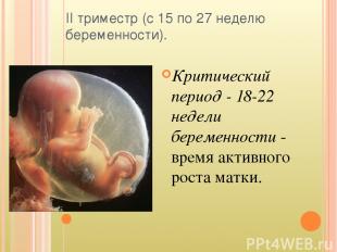II триместр (с 15 по 27 неделю беременности). Критический период - 18-22 недели