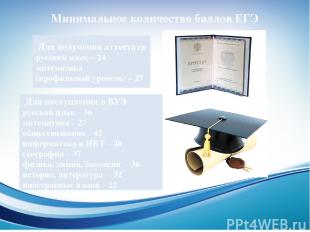 Минимальное количество баллов ЕГЭ Для получения аттестата русский язык – 24 мате
