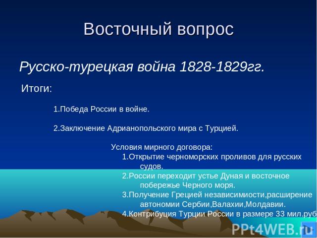 Восточный вопрос Русско-турецкая война 1828-1829гг.