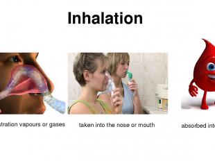 Inhalation of administration vapours or gases taken into the nose or mouth absor