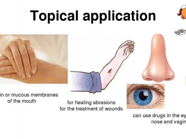 Topical application with skin or mucous membranes of the mouth for healing abrasions for the treatment of wounds can use drugs in the eyes, ears, nose and vagina