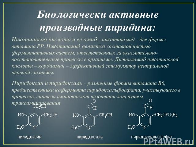 Биологически активные производные пиридина: Никотиновая кислота и ее амид - никотинамид - две формы витамина РР. Никотинамид является составной частью ферментативных систем, ответственных за окислительно-восстановительные процессы в организме. Диэти…