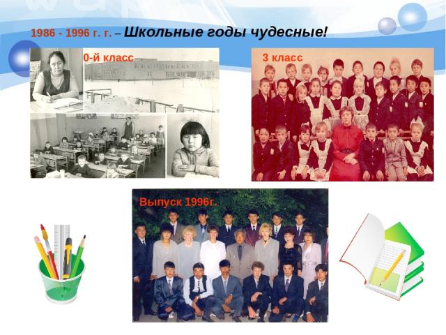 1986 - 1996 г. г. – Школьные годы чудесные! 0-й класс 3 класс Выпуск 1996г.