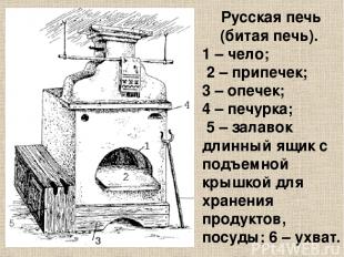Русская печь (битая печь).   1 – чело; 2 – припечек; 3 – опечек; 4 – печурка; 5
