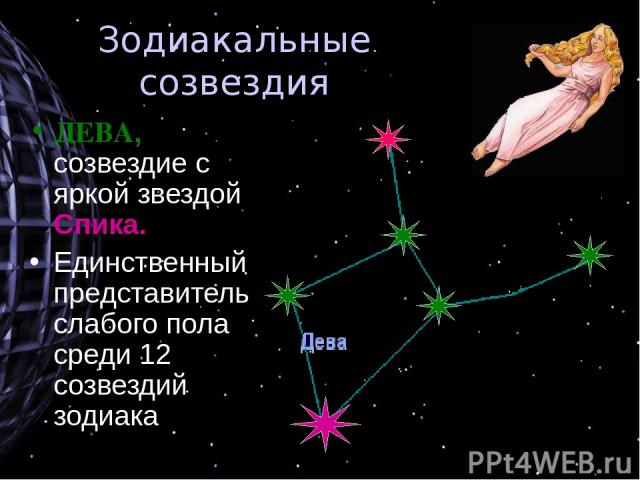 Зодиакальные созвездия ДЕВА, созвездие с яркой звездой Спика. Единственный представитель слабого пола среди 12 созвездий зодиака