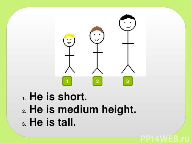 1 2 3 He is short. He is medium height. He is tall.