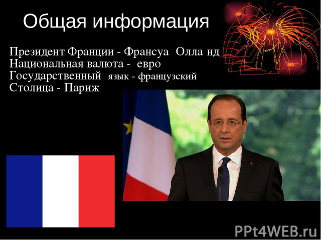 Общая информация Президент Франции - Франсуа Олла нд Национальная валюта - евро Государственный язык - французский Столица - Париж