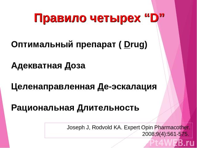 Правило четырех “D” Оптимальный препарат ( Drug) Адекватная Доза Целенаправленная Де-эскалация Рациональная Длительность Joseph J, Rodvold KA. Expert Opin Pharmacother. 2008;9(4):561-575.