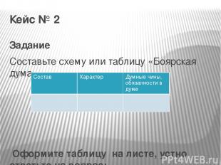 Кейс № 2 Задание Составьте схему или таблицу «Боярская дума»    Оформите таблицу