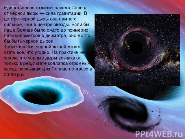 Единственное отличие нашего Солнца от черной дыры — сила гравитации. В центре черной дыры она намного сильнее, чем в центре звезды. Если бы наше Солнце было сжато до примерно пяти километров в диаметре, оно могло бы быть черной дырой. Теоретически, …