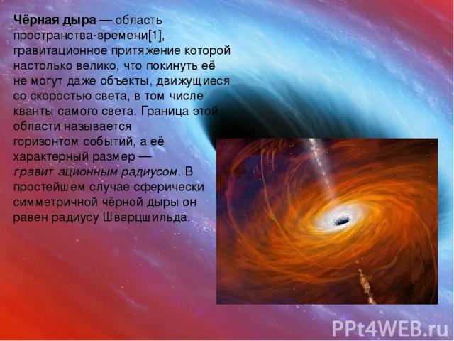 Чёрная дыра  — область пространства-времени[1], гравитационное притяжение которой настолько велико, что покинуть её не могут даже объекты, движущиеся со скоростью света, в том числе кванты самого света. Граница этой области называется горизонтом соб…
