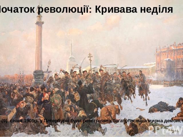 Початок революції: Кривава неділя У неділю 22 (9) січня 1905р. у Петербурзі була розстріляна багатотисячна мирна демонстрація.
