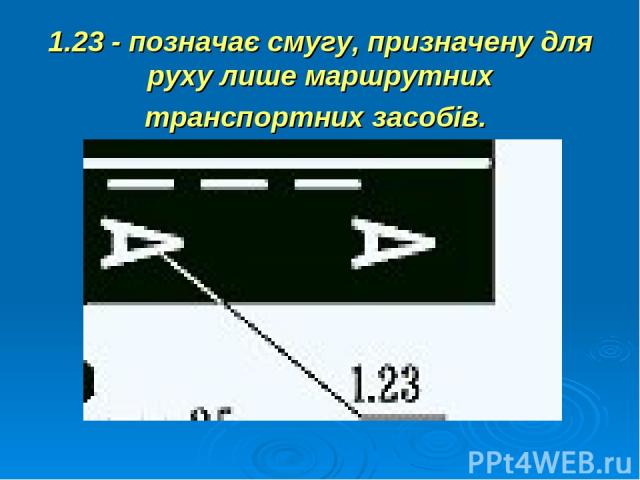 1.23 - позначає смугу, призначену для руху лише маршрутних транспортних засобів.