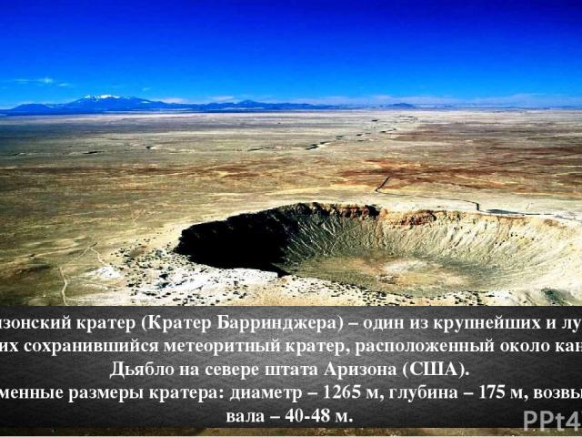 Аризонский кратер (Кратер Барринджера) – один из крупнейших и лучше других сохранившийся метеоритный кратер, расположенный около каньона Дьябло на севере штата Аризона (США). Современные размеры кратера: диаметр – 1265 м, глубина – 175 м, возвышение…