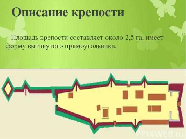Описание крепости Площадь крепости составляет около 2,5 га. имеет форму вытянутого прямоугольника.