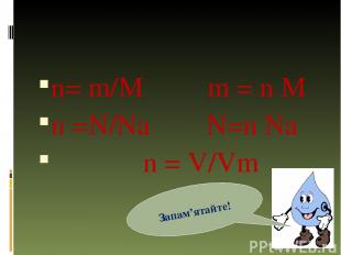 n= m/M m = n M n =N/Na N=n Na n = V/Vm Запам’ятайте!