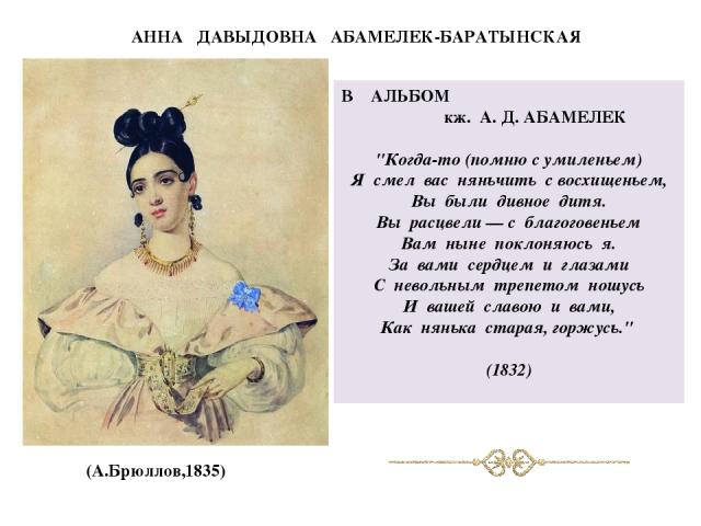 АННА ДАВЫДОВНА АБАМЕЛЕК-БАРАТЫНСКАЯ (А.Брюллов,1835) В АЛЬБОМ кж. А. Д. АБАМЕЛЕК 