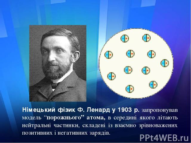 Німецький фізик Ф. Ленард у 1903 р. запропонував модель “порожнього” атома, в середині якого літають нейтральні частинки, складені із взаємно зрівноважених позитивних і негативних зарядів.
