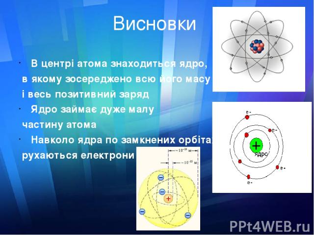 Висновки В центрі атома знаходиться ядро, в якому зосереджено всю його масу і весь позитивний заряд Ядро займає дуже малу частину атома Навколо ядра по замкнених орбітах рухаються електрони