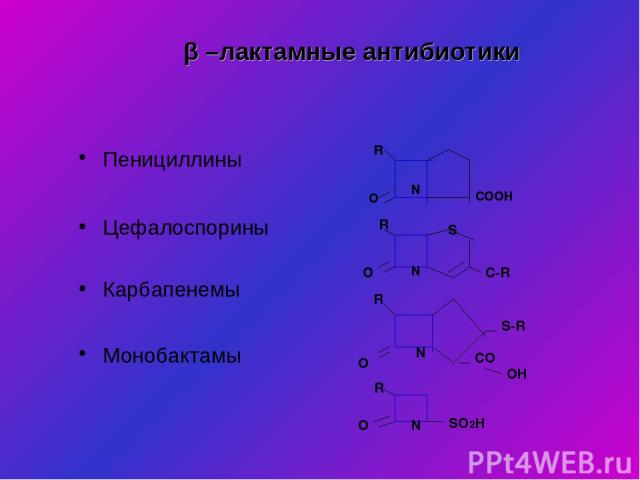β –лактамные антибиотики Пенициллины Цефалоспорины Карбапенемы Монобактамы R O N COOH O R N S C-R R O N S-R CO OH R O N SO2H