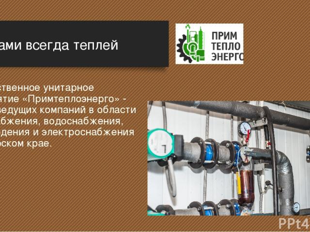 Государственное унитарное предприятие «Примтеплоэнерго» - одна из ведущих компаний в области теплоснабжения, водоснабжения, водоотведения и электроснабжения в Приморском крае. С нами всегда теплей