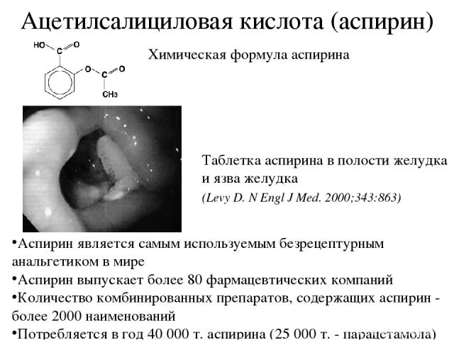 Ацетилсалициловая кислота (аспирин) Химическая формула аспирина Таблетка аспирина в полости желудка и язва желудка (Levy D. N Engl J Med. 2000;343:863) Аспирин является самым используемым безрецептурным анальгетиком в мире Аспирин выпускает более 80…