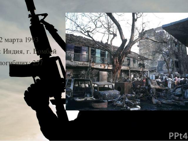 Дата: 12 марта 1993 Страна: Индия, г. Бомбей Число погибших: 257