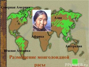 Размещение монголоидной расы Северная Америка Южная Америка Азия Африка Австрали