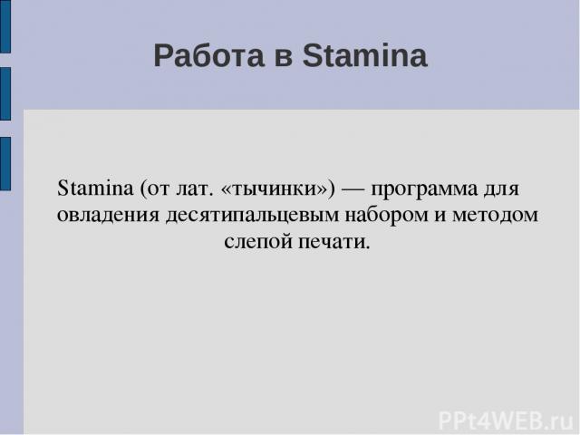 Работа в Stamina Stamina (от лат. «тычинки») — программа для овладения десятипальцевым набором и методом слепой печати.