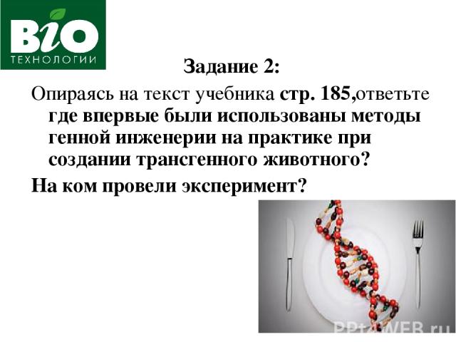 Задание 2: Опираясь на текст учебника стр. 185,ответьте где впервые были использованы методы генной инженерии на практике при создании трансгенного животного? На ком провели эксперимент?