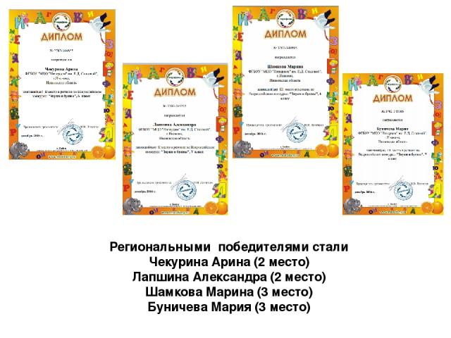 Региональными победителями стали Чекурина Арина (2 место) Лапшина Александра (2 место) Шамкова Марина (3 место) Буничева Мария (3 место)