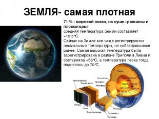 ЗЕМЛЯ- самая плотная 71 % - мировой океан, на суше –равнины и плоскогорья средня