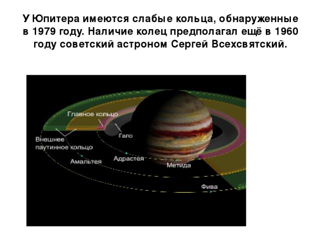 У Юпитера имеются слабые кольца, обнаруженные в 1979 году. Наличие колец предполагал ещё в 1960 году советский астроном Сергей Всехсвятский.