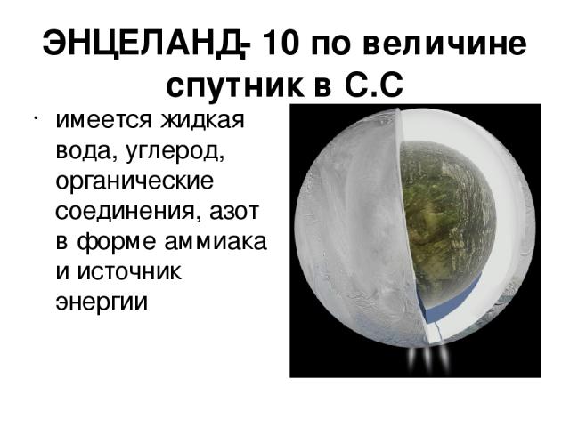 ЭНЦЕЛАНД- 10 по величине спутник в С.С имеется жидкая вода, углерод, органические соединения, азот в форме аммиака и источник энергии