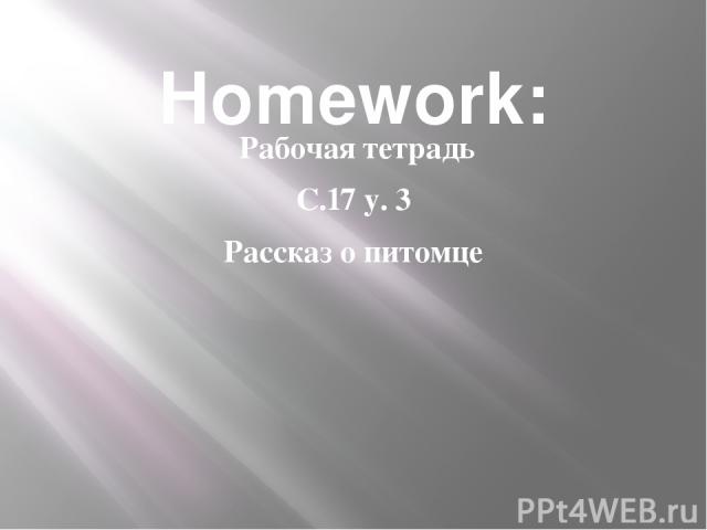 Homework: Рабочая тетрадь С.17 у. 3 Рассказ о питомце