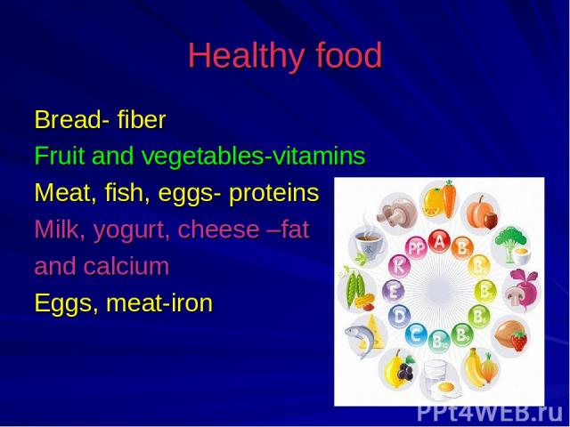Healthy food Bread- fiber Fruit and vegetables-vitamins Meat, fish, eggs- proteins Milk, yogurt, cheese –fat and calcium Eggs, meat-iron