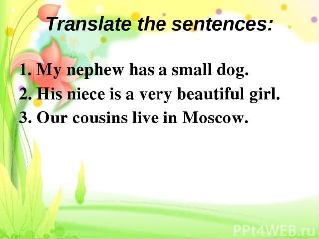 Translate the sentences: 1. My nephew has a small dog. 2. His niece is a very beautiful girl. 3. Our cousins live in Moscow.