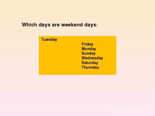 Tuesday Friday Monday Sunday Wednesday Saturday Thursday Which days are weekend days: