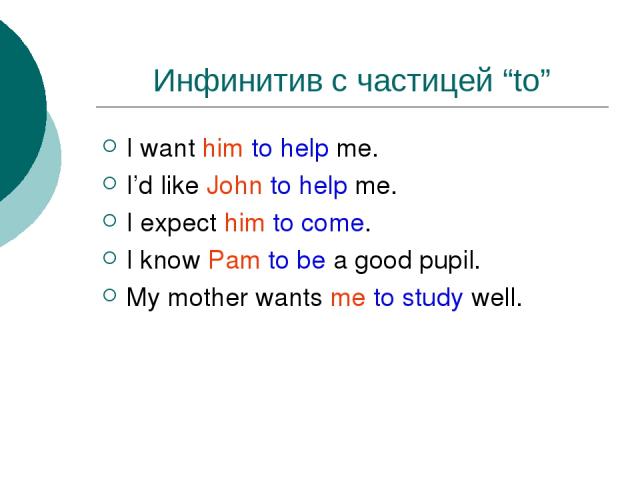 Инфинитив с частицей “to” I want him to help me. I’d like John to help me. I expect him to come. I know Pam to be a good pupil. My mother wants me to study well.